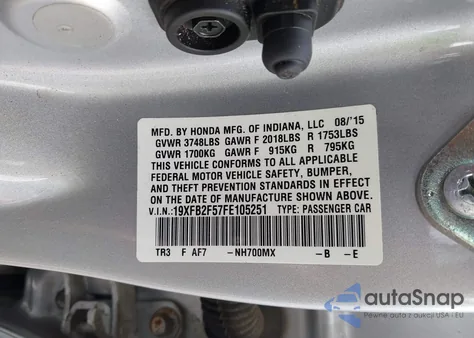 2015 Honda Civic Lx z USA, uszkodzony, nr VIN 19XFB2F57FE105251